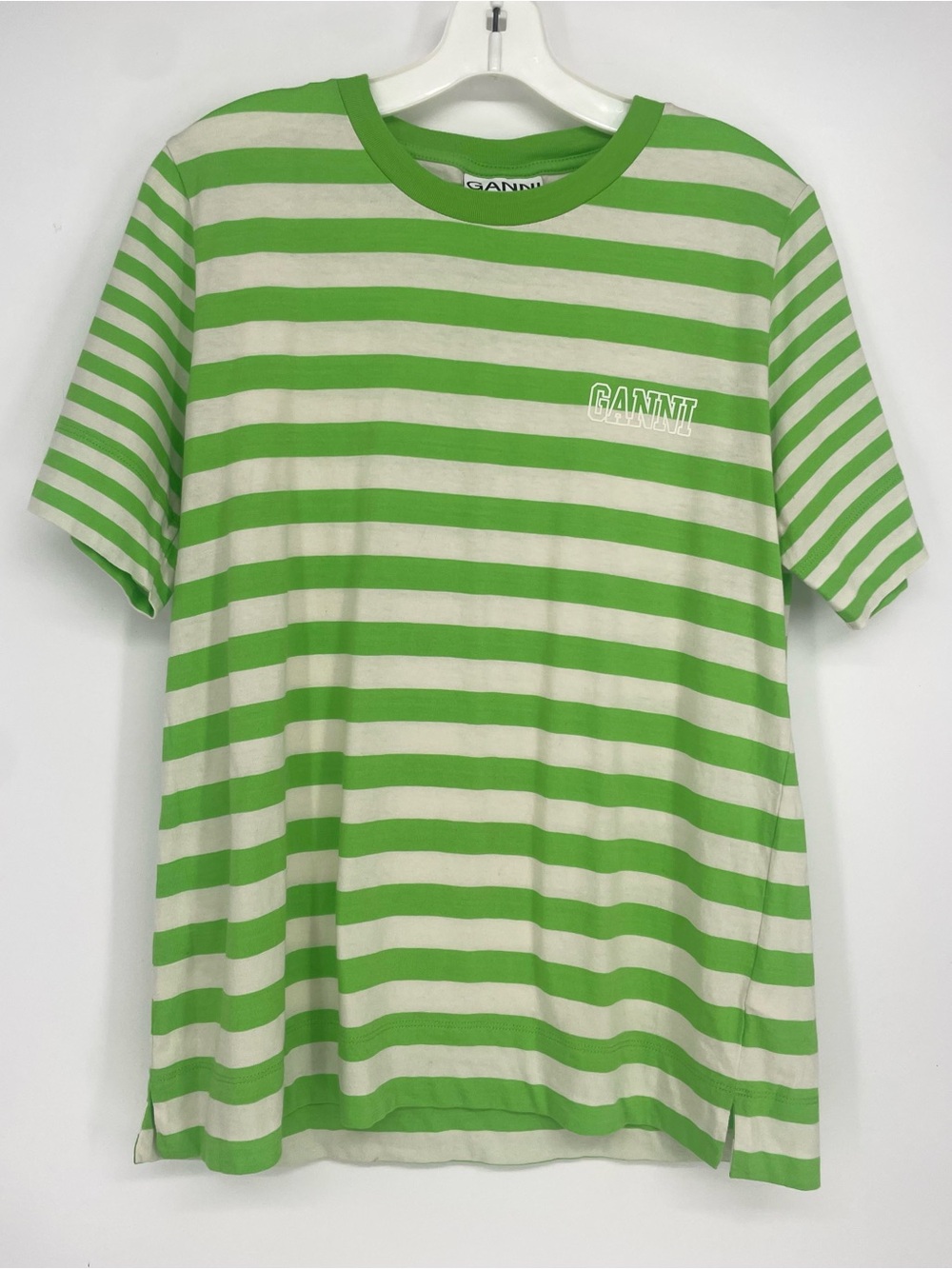 Ganni Green & White Horizontal Striped Casual Cotton nLogo T-shirt